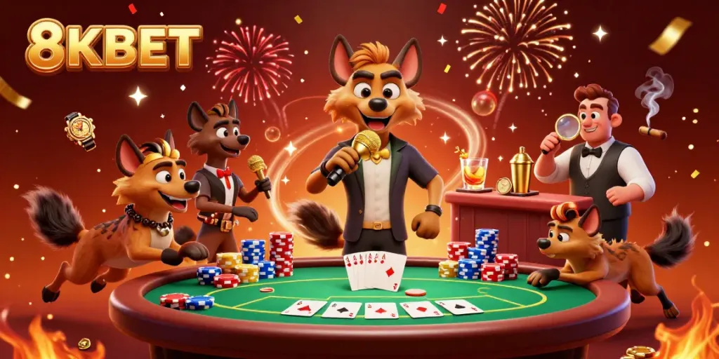 Hyenas at 8KBET comedy casino with poker elements and vibrant atmosphere.