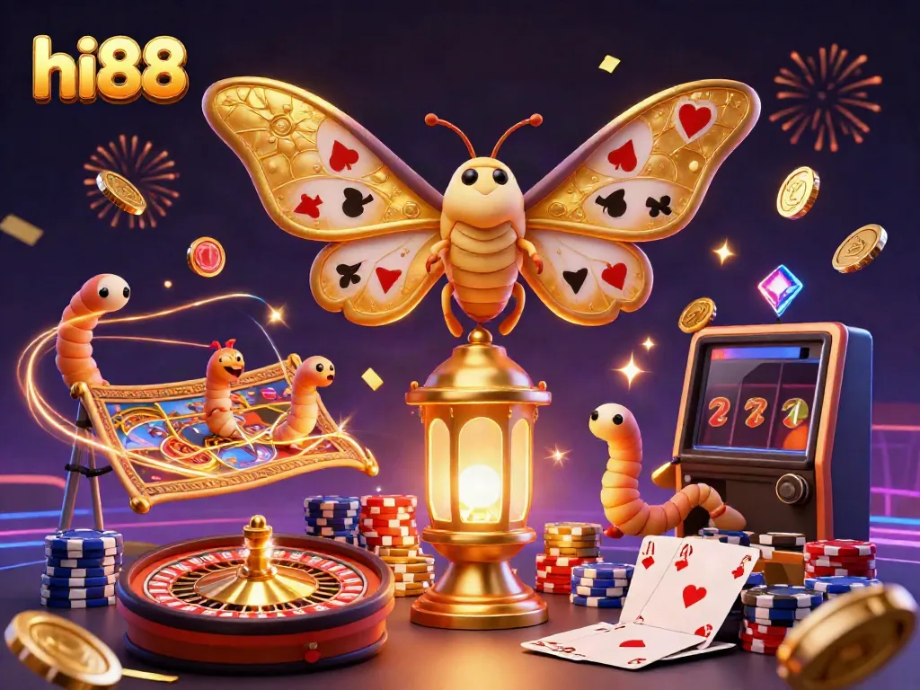 Experience hi88 with a vibrant 3D illustration featuring a majestic atlas moth and casino elements.