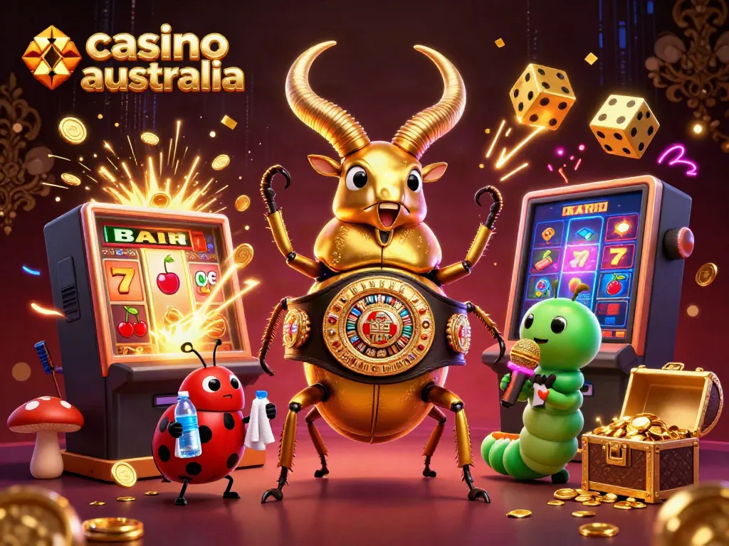 Engaging scene showcasing casino australia with a golden stag beetle, lively characters, and bursting slot machine action.