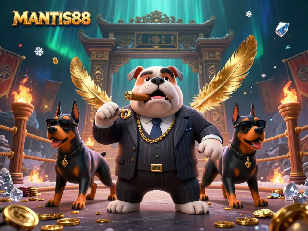 Experience the thrill of MANTIS88 with a mafia boss and Doberman bodyguards amid gambling elements.