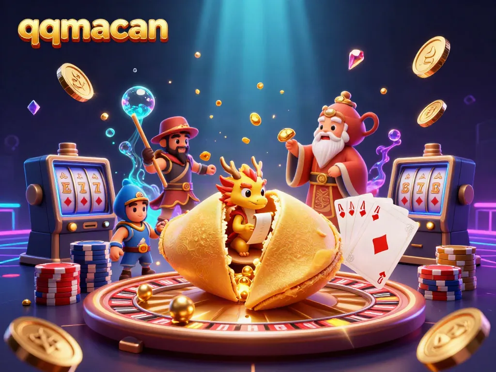 Engage with qqmacan, a vibrant casino scene featuring a golden fortune cookie, dragon, and dynamic game elements.