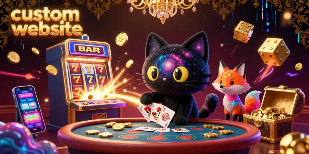 Play at a cosmic casino featuring a custom website with a black hole cat and a nebula fox amid winning symbols.