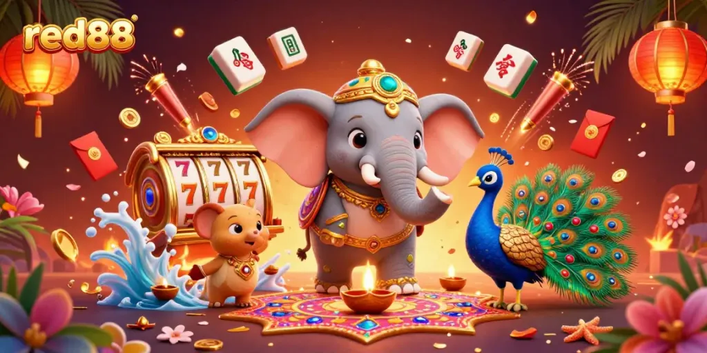 Experience vibrant gaming action at red88 with festive casino elements and dynamic characters.