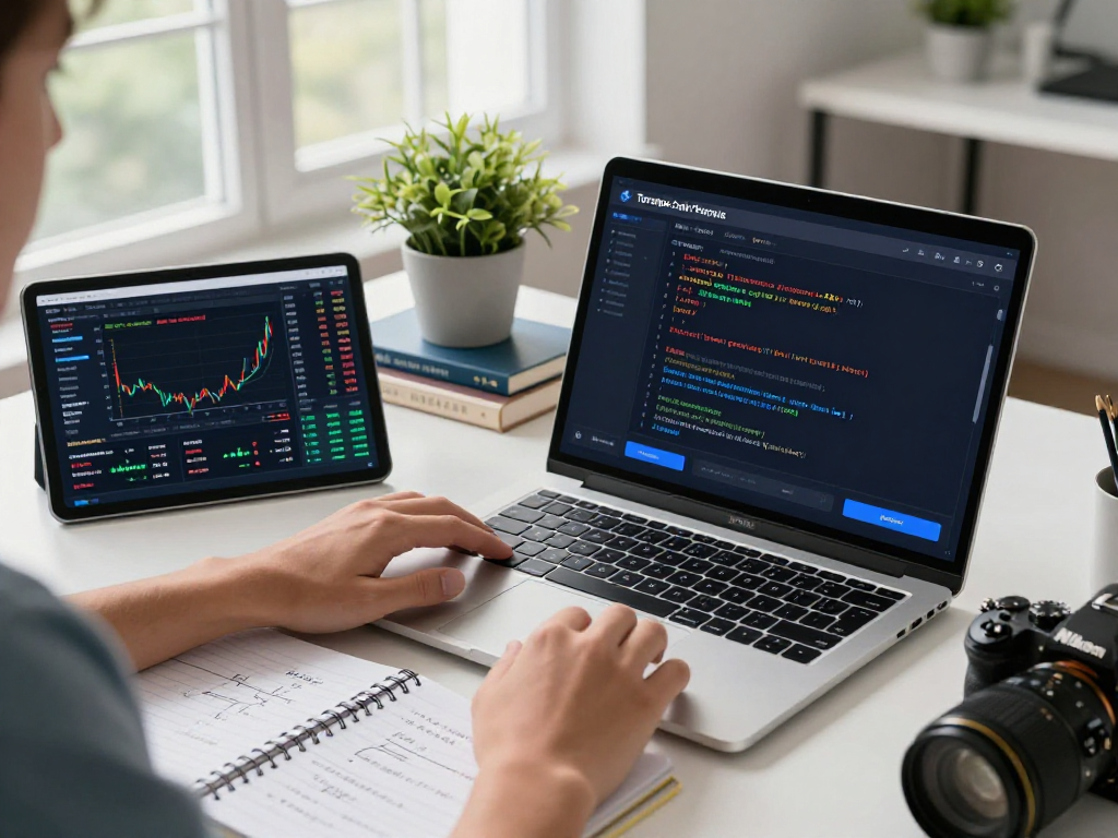 Tornardocash user engaging with crypto privacy protocol in a modern office setup, showcasing laptop with smart contracts and market data.