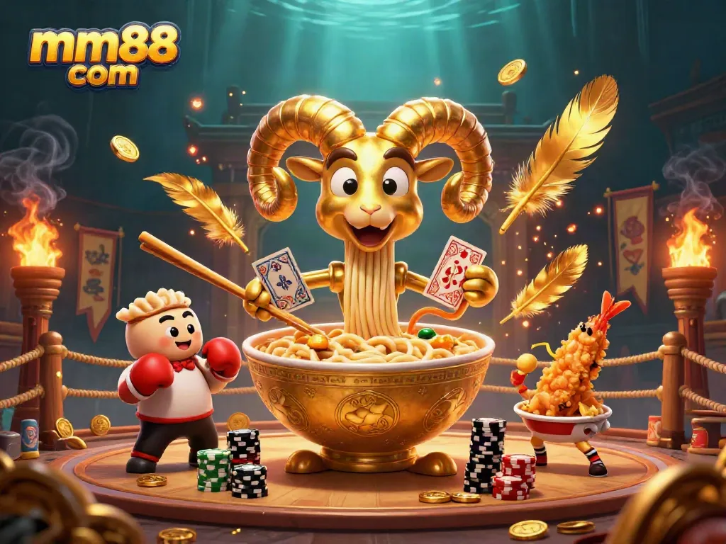 Engage with the mm88 com realm, featuring a golden ramen bowl character in lively casino action.
