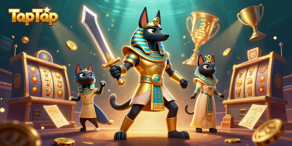 Experience TapTap with a striking illustration of Anubis and Bastet amidst sparkling casino elements.