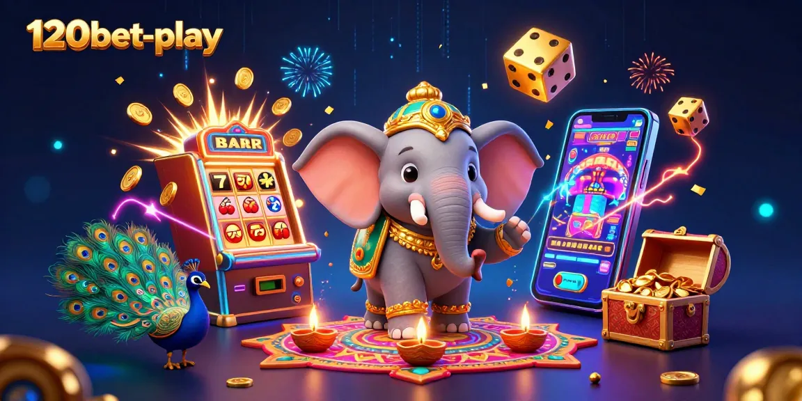 Experience thrilling action at 120bet-play with a vivid depiction of casino elements and festive characters.