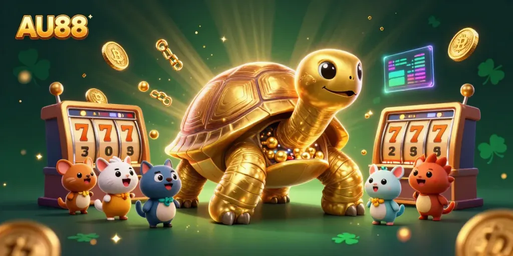 Experience thrilling gameplay at AU88, with vibrant slot machines and charming characters in an engaging casino scene.