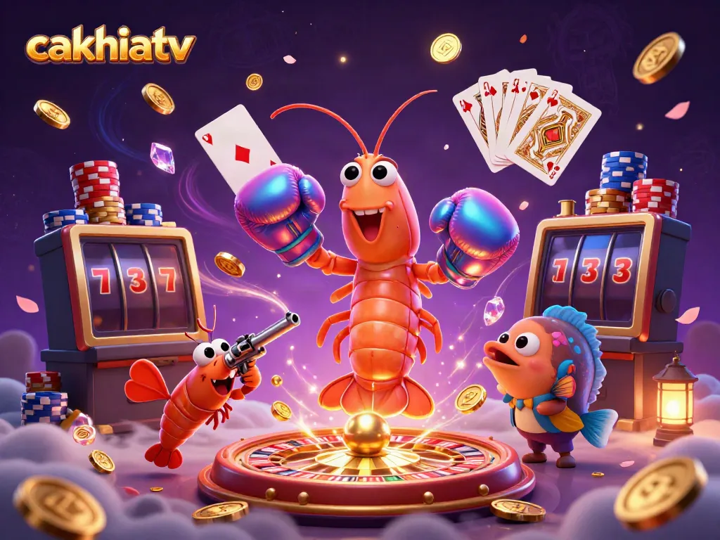 Experience thrilling gameplay with cakhiatv's vibrant cartoon scene of gaming excitement and colorful casino elements.