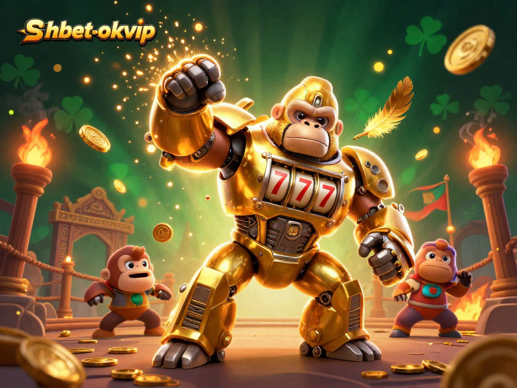 Experience amazing winnings at shbet-okvip with golden gorilla mech and vibrant casino elements.