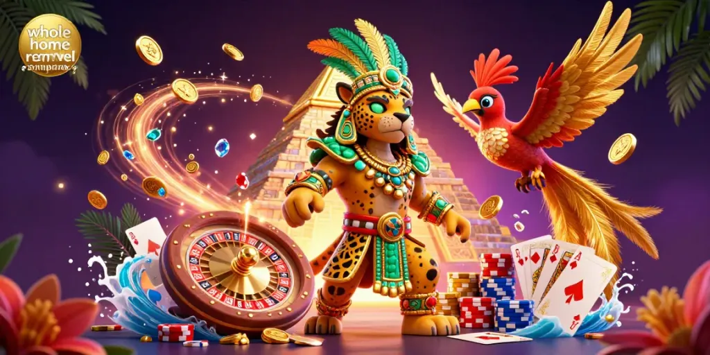 A 3D illustration of a whole home remodel company scene with a Mayan jaguar priest, showcasing vibrant casino elements.