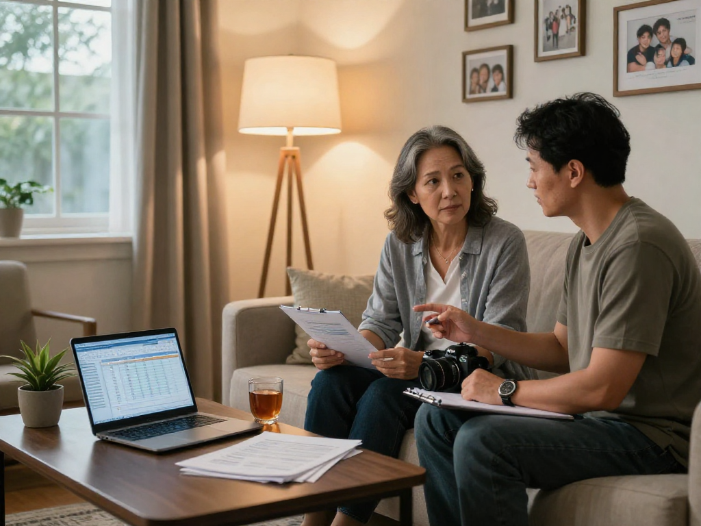 Couple discussing credit consolidation solutions with financial advisor in a cozy living room.