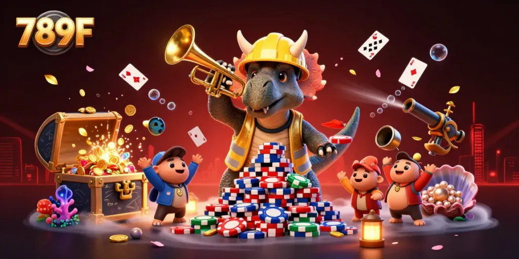 Engaging scene of 789F showcasing a cartoon triceratops and parasaurolophus celebrating with vibrant casino elements.