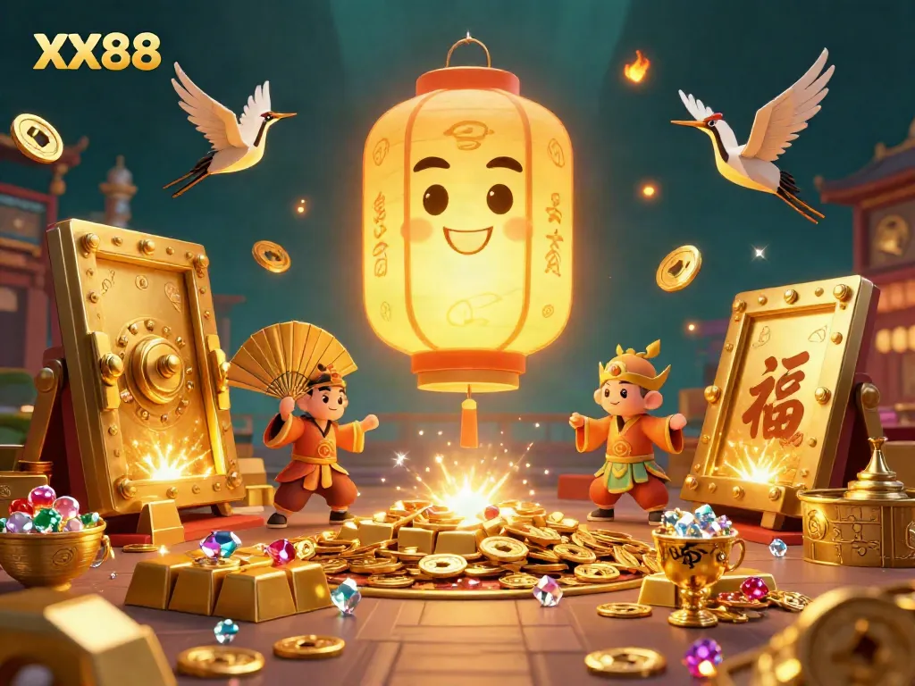 Experience the vibrant energy of XX88 with a golden lantern spirit and warriors above a lively casino scene.