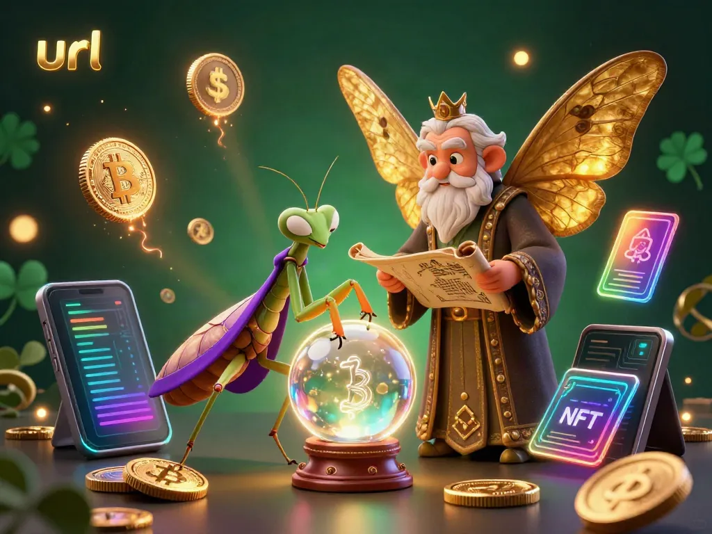 Engage in fortune-telling with the url characters amidst crypto coins and mystical elements in a vibrant casino scene.