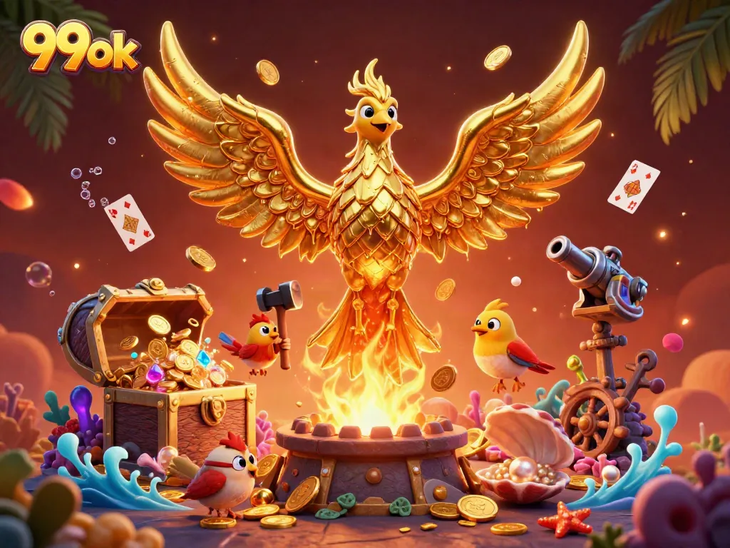 Experience thrilling wins at 99ok with vibrant golden phoenix and dynamic casino elements.