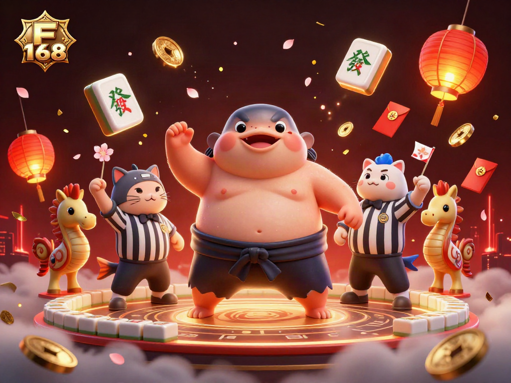 Engage with F 168's vibrant underwater casino scene featuring a sumo fugu and festive atmosphere.