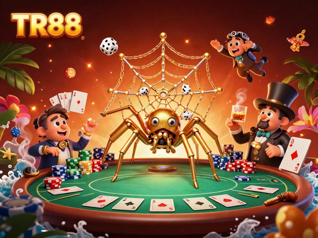 Engage in thrilling gameplay at TR88, featuring a steampunk spider weaving luck with poker chips and dice.