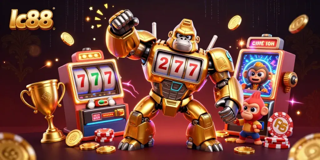 Spin to win with lc88’s golden gorilla mech surrounded by slot reels and coins in a vibrant casino atmosphere.