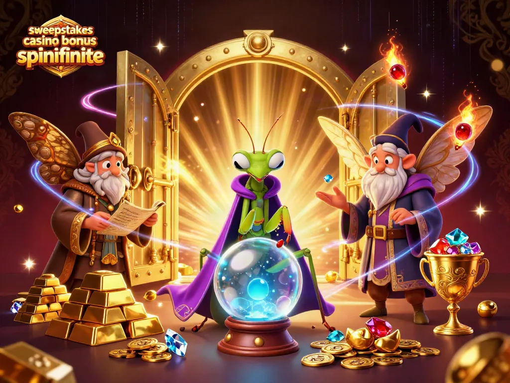 Engage with sweepstakes casino bonus spinfinite through vibrant 3D illustrations showcasing dynamic characters and rich casino elements.