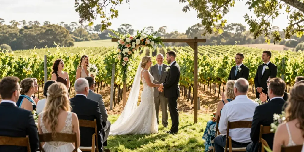 Hunter Valley wedding photography capturing a couple's emotional vows in a vineyard setting.