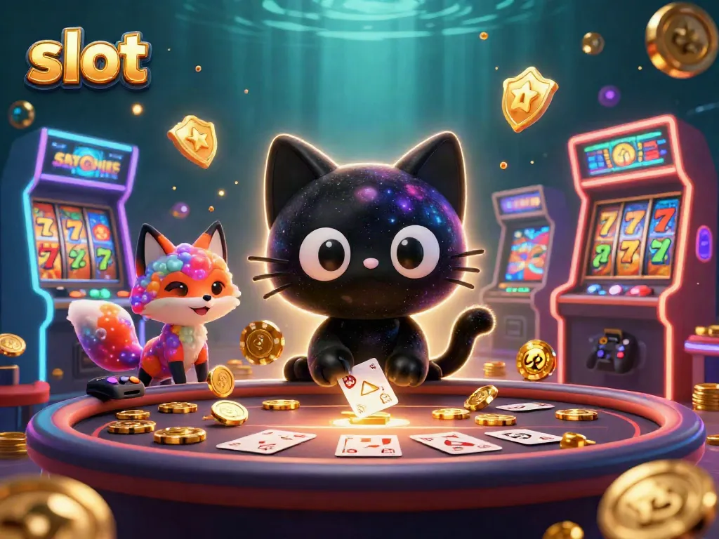 Di dalam kasino slot, kucing hitam yang menarik chip emas dan kartu, dikelilingi oleh mesin permainan yang cerah.