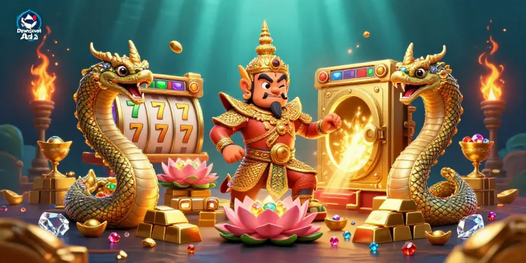 Engage with Dewacash Asia's vibrant casino scene, showcasing a guardian, treasures, and slot elements.