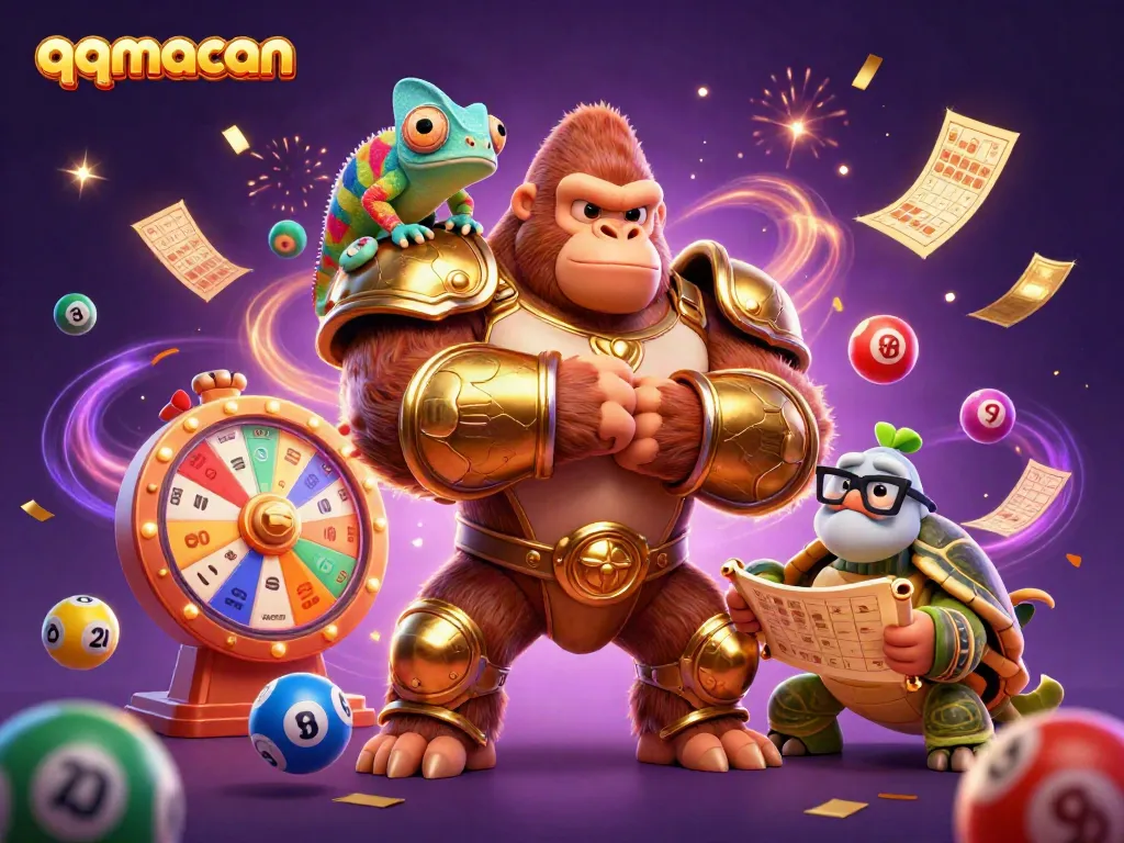 Experience thrilling gameplay with qqmacan, showcasing colorful lottery elements and dynamic characters in a vibrant casino setting.