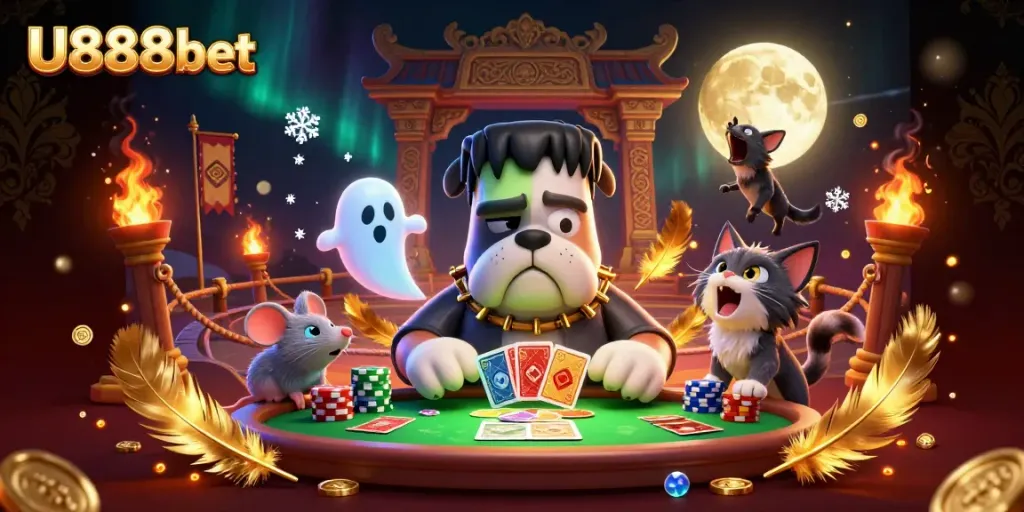 Engage in thrilling games at U888bet with a cartoon Frankenstein bulldog dealer and interactive casino atmosphere.