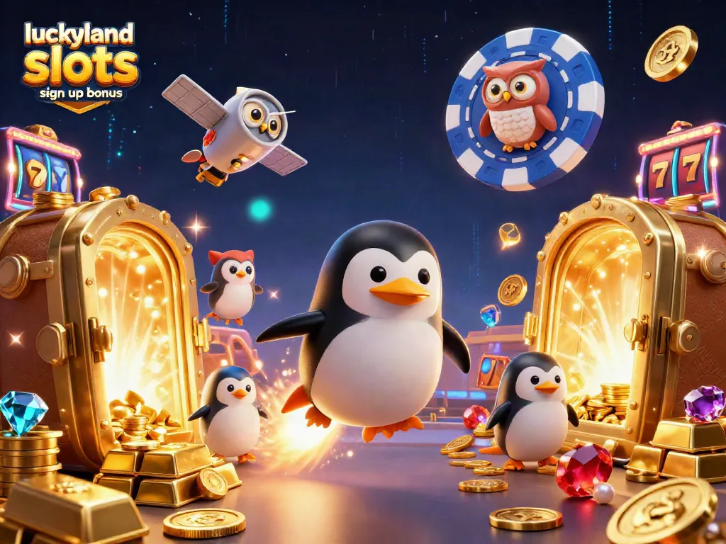 Experience the excitement of the luckyland slots sign up bonus with a vibrant 3D illustration of a golden penguin in a casino-themed space.