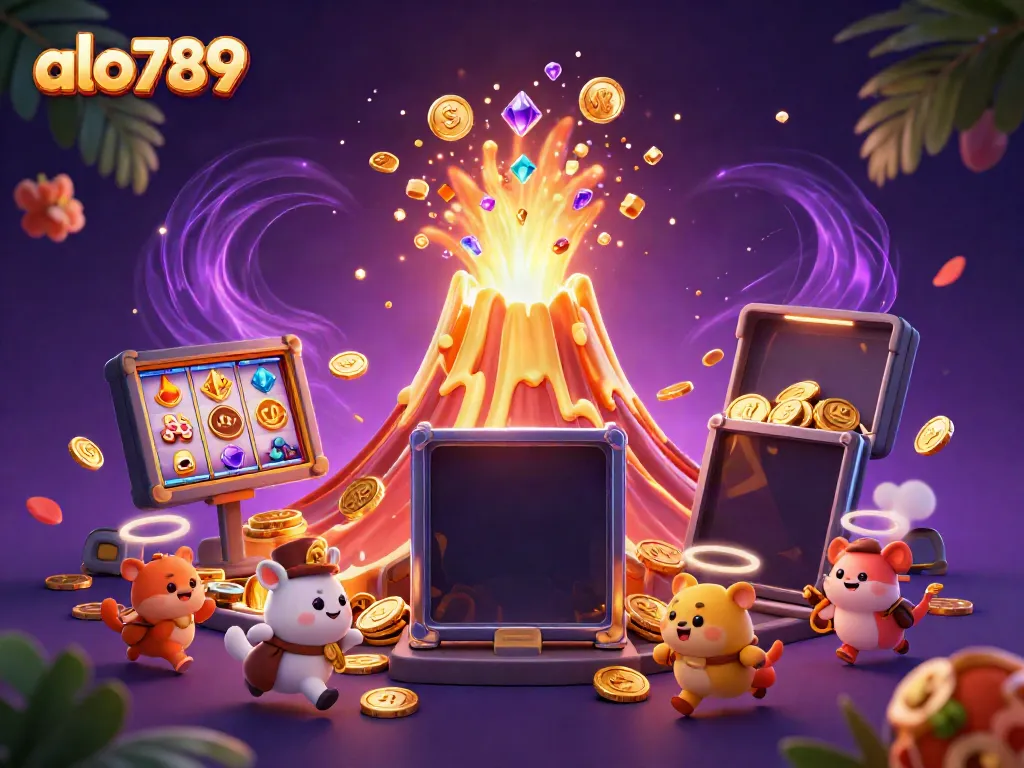 Experience thrill with alo789’s 3D casino adventure featuring a golden volcano and treasure-fleeing animals.