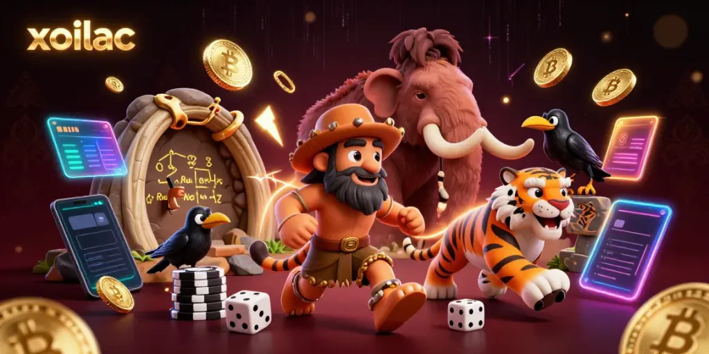 Experience the thrill of xoilac in a vibrant prehistoric casino scene filled with glowing crypto coins and dynamic game elements.