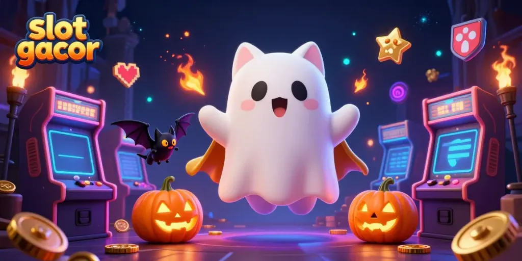 Experience winning excitement with slot gacor as a ghost cat navigates a haunted casino.