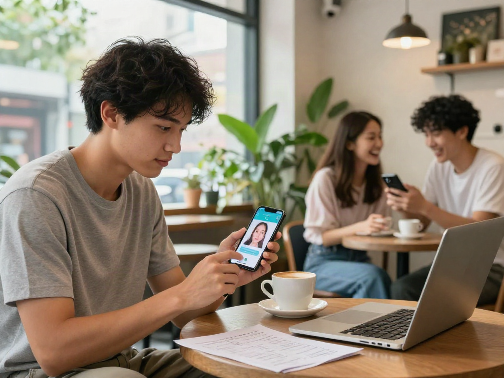 Person discovering how old do i look while using a smartphone app in a cozy coffee shop.