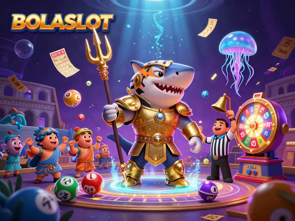 BOLASLOT showcases an action-packed scene with a tiger shark gladiator in an underwater colosseum, surrounded by vibrant lottery elements.