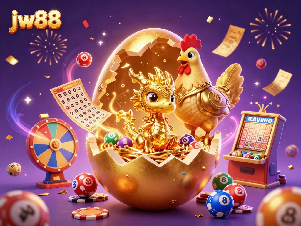 Engage with the thrilling world of jw88 as a stunning golden baby dragon emerges from its egg amidst festive casino elements.