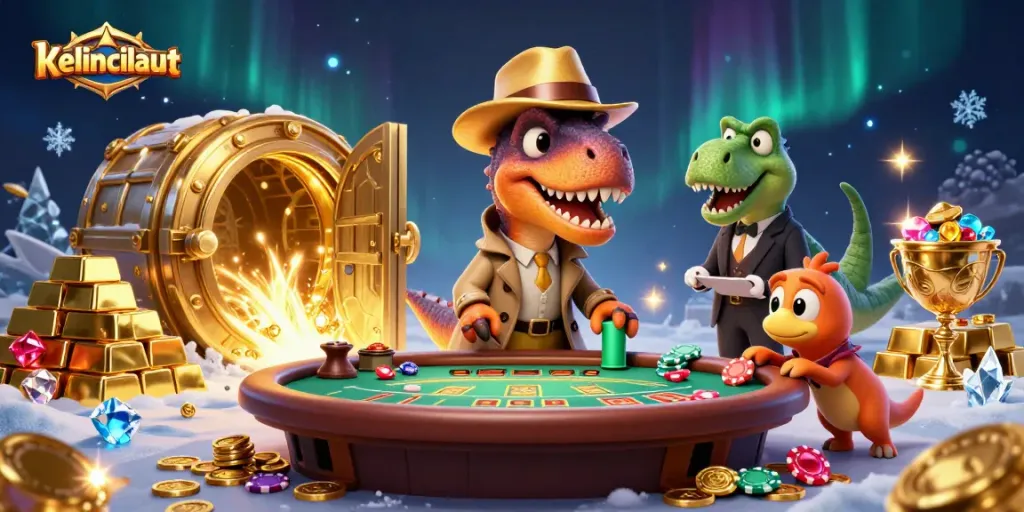 kelincilaut showcases a cartoon velociraptor stealthily gambling at blackjack amidst a dazzling casino backdrop.