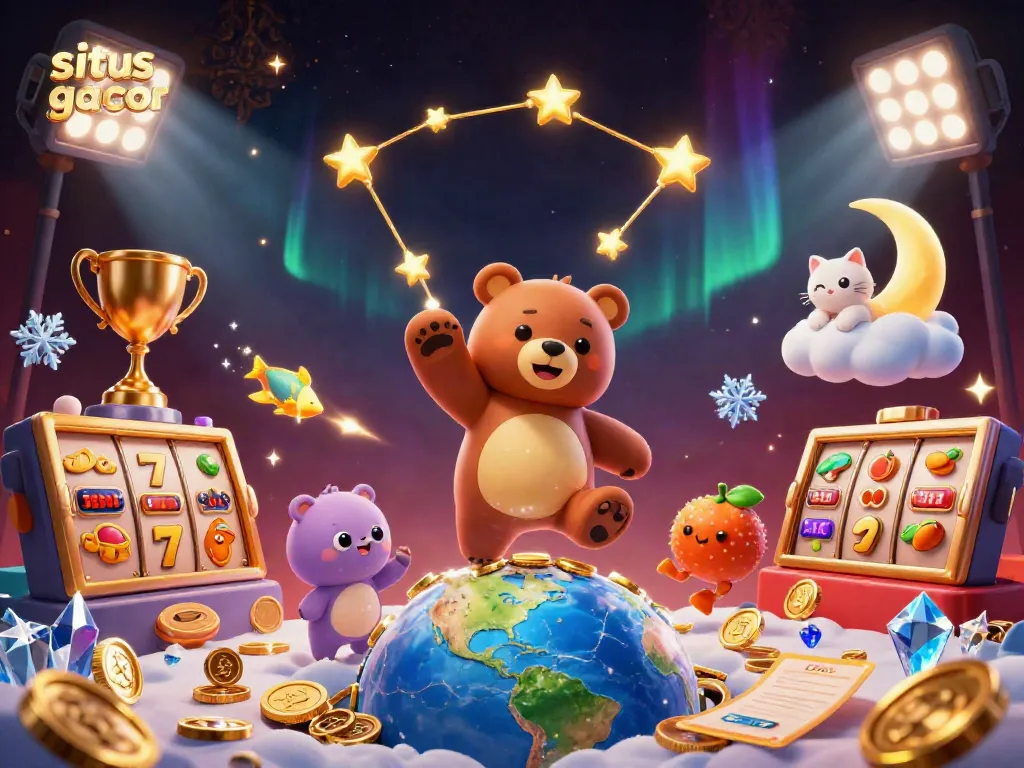 Engage with situs gacor, where a starry constellation bear scoops coins from Earth amidst lively slot symbols.