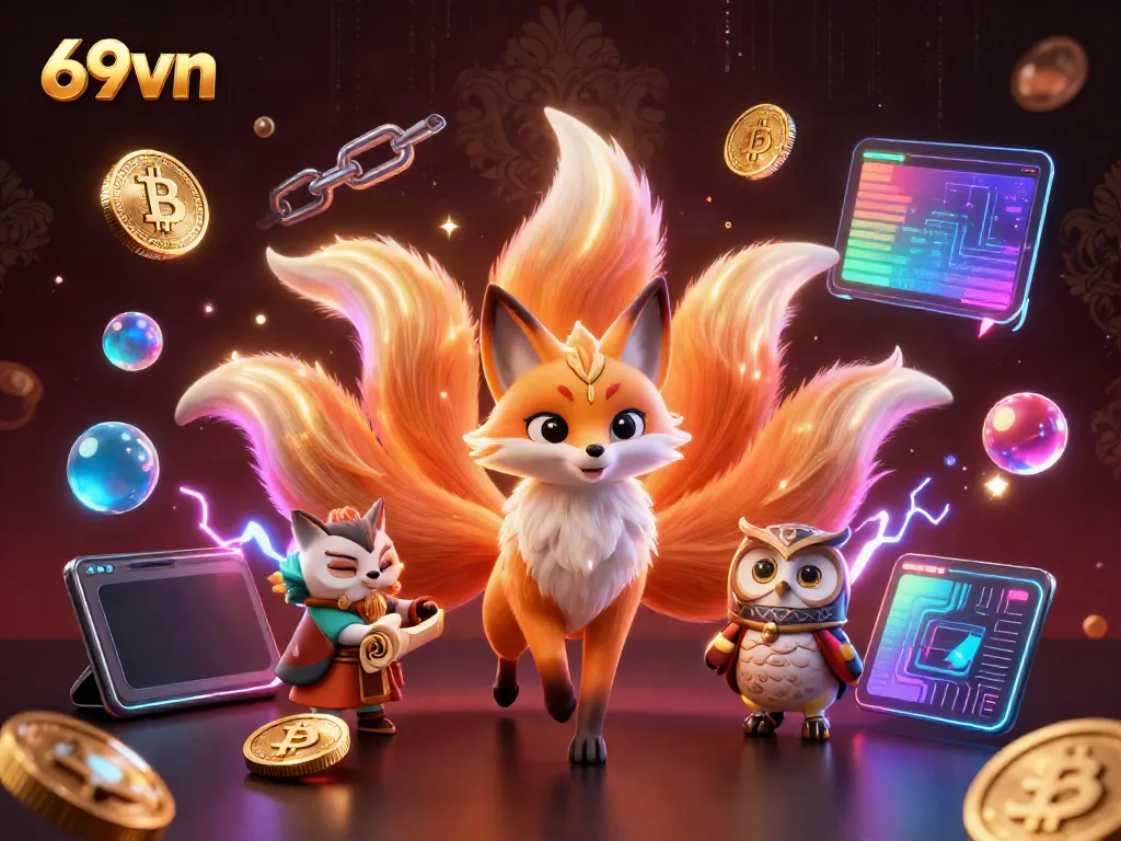 Engage with the vibrant world of 69vn featuring a colorful nine-tailed fox and owl amidst casino elements.