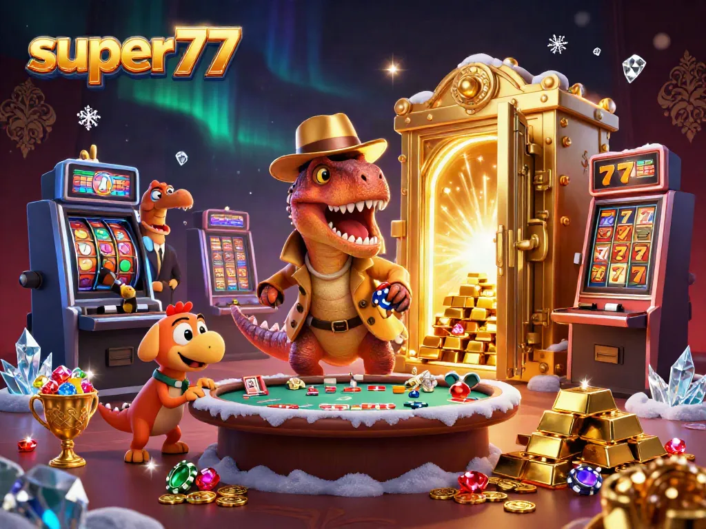 Experience the thrilling world of super77 with a cartoon velociraptor at a blackjack table, surrounded by gold treasures.