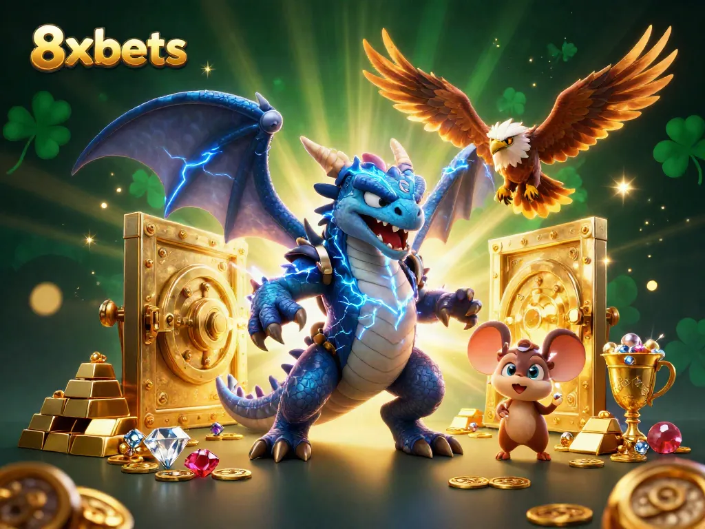 8xbets offers thrilling jackpot opportunities in a vibrant, energetic 3D casino scene featuring mythical characters