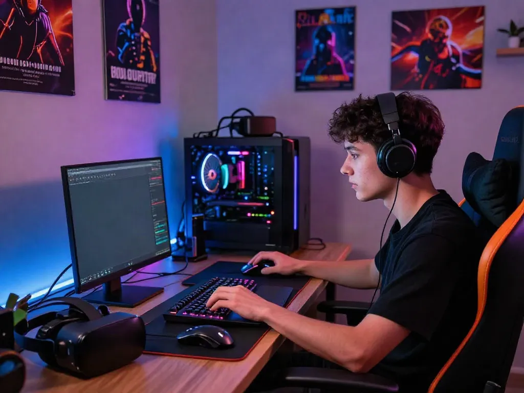 Engaged user in a vibrant gaming setup for qqmacan login with modern tech and LED lights