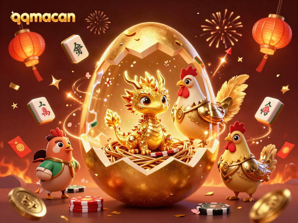 Experience excitement with qqmacan as the golden dragon emerges from its egg, surrounded by festive casino elements.