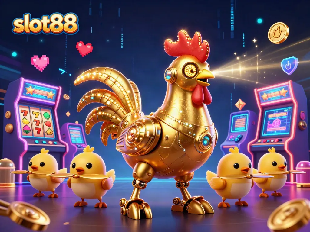 Experience the excitement of slot88 with a mesmerizing golden rooster robot and engaging game elements!