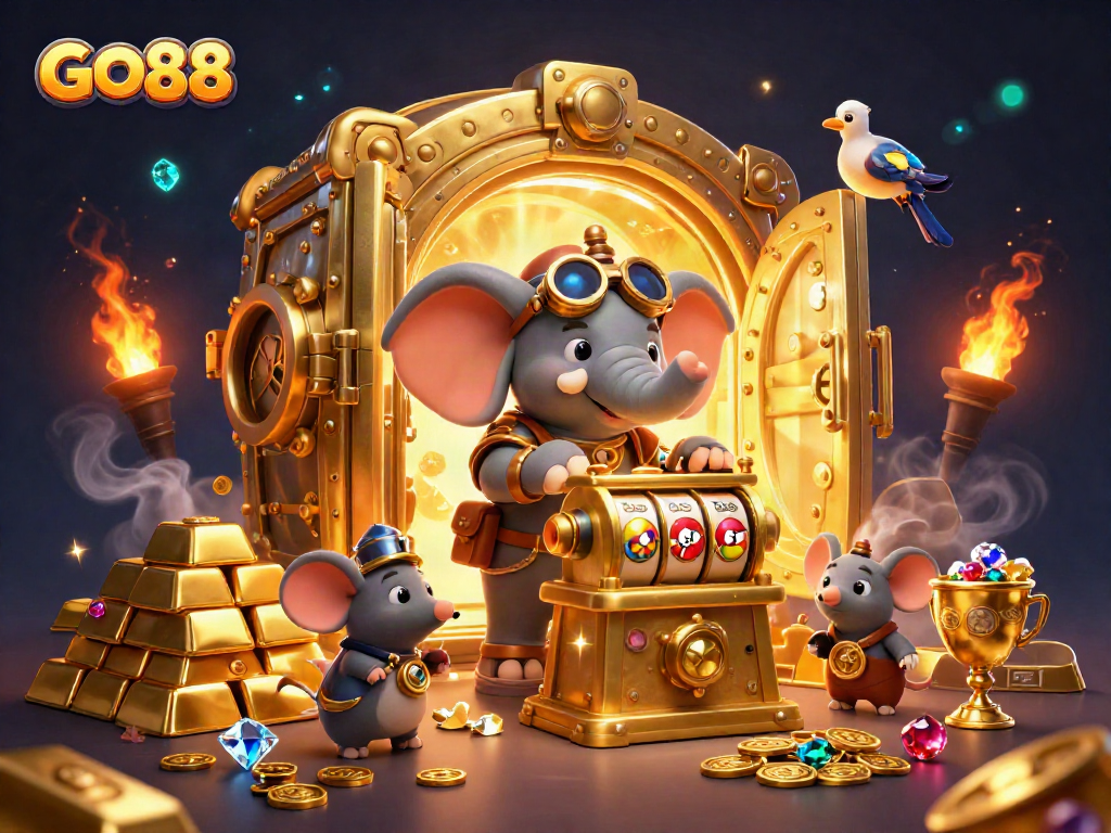 Spin the golden slot machine for glorious wins at GO88 surrounded by treasures and excitement