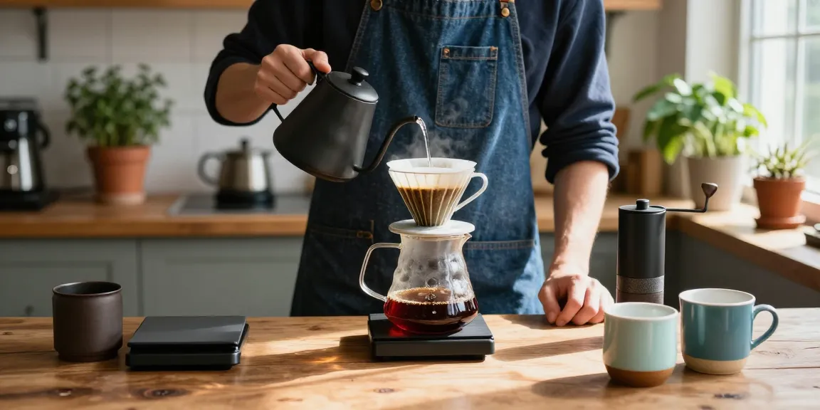 Brewing pour-over coffee with Ebb reusable filters in a cozy kitchen, showcasing www.ebbfilter.com and upcycled denim aprons.