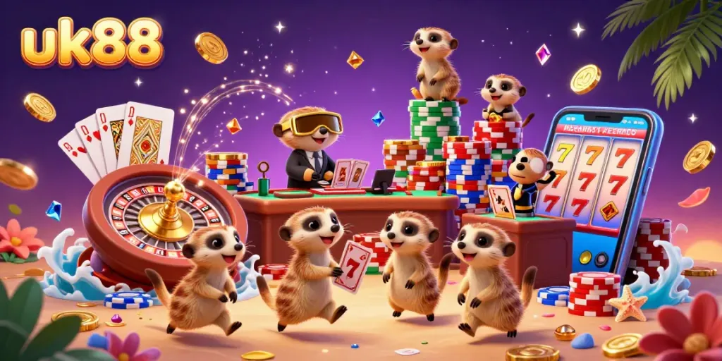 Win big at uk88 casino with meerkats running a lively gambling scene filled with chips and games.