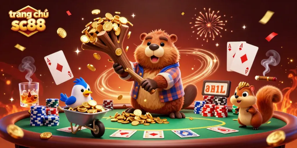 Experience excitement at trang chủ sc88 with a vibrant 3D illustration showing a beaver in a casino setting.