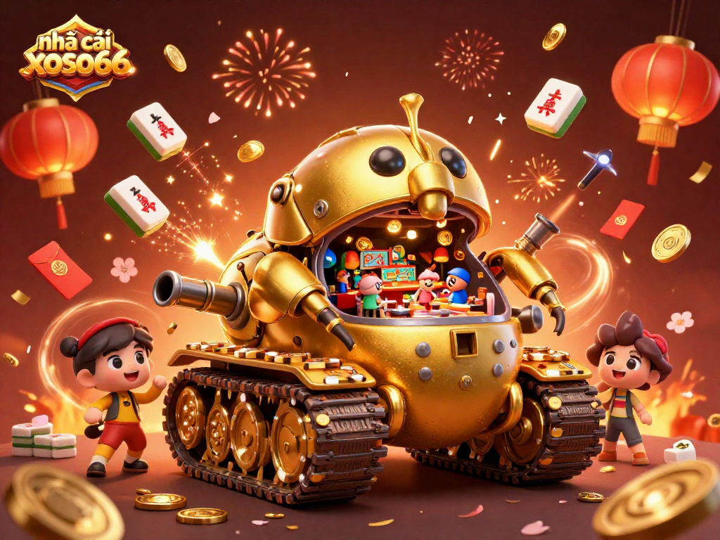 Engage with nhà cái xoso66 in this lively 3D casino scene featuring a golden beetle tank and festive elements.