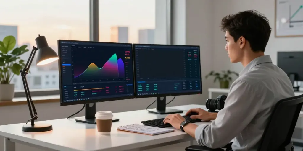 Digital finance workspace depicting analysis on https://piteas.trade, showcasing cryptocurrency charts and trading strategies.